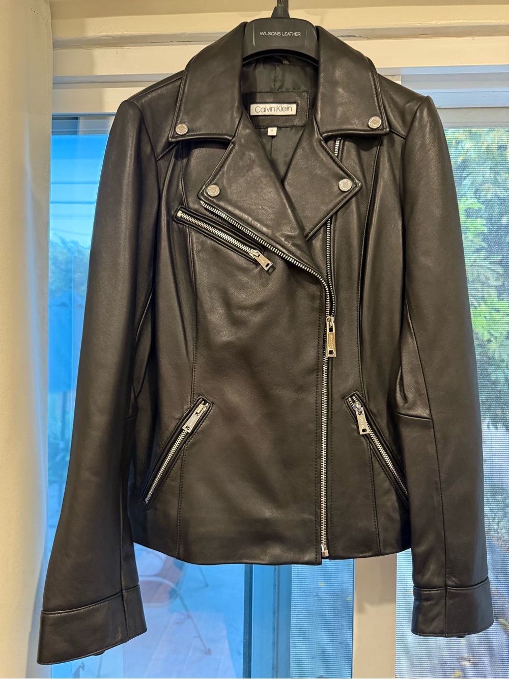 Calvin Klein Black Leather Moto Jacket with Asymmetrical Zip